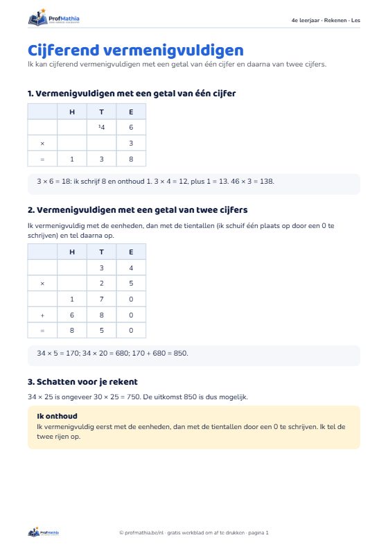 Voorbeeld van het werkblad Cijferend vermenigvuldigen – 4e leerjaar