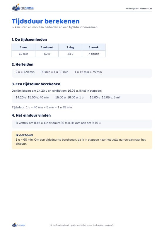 Voorbeeld van het werkblad Tijdsduur berekenen – 4e leerjaar