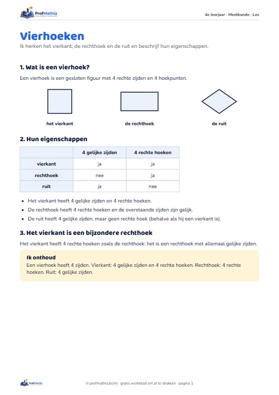 Voorbeeld van het werkblad Vierhoeken – 4e leerjaar