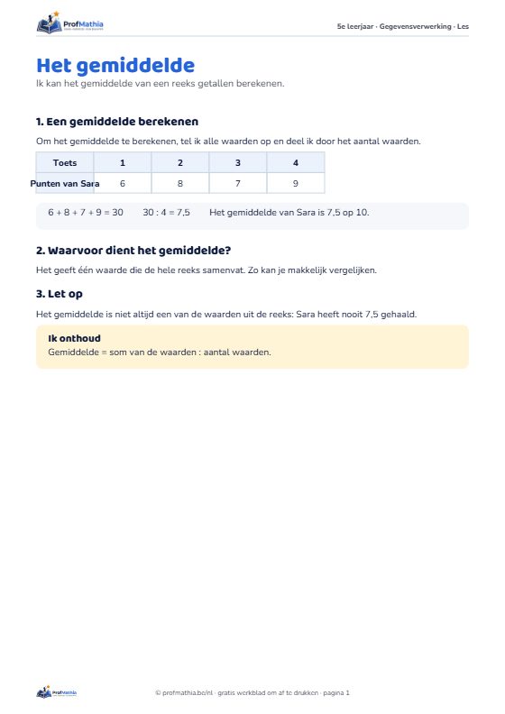 Voorbeeld van het werkblad Het gemiddelde – 5e leerjaar