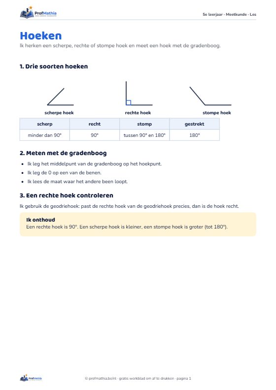 Voorbeeld van het werkblad Hoeken – 5e leerjaar