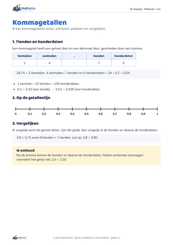 Voorbeeld van het werkblad Kommagetallen – 5e leerjaar