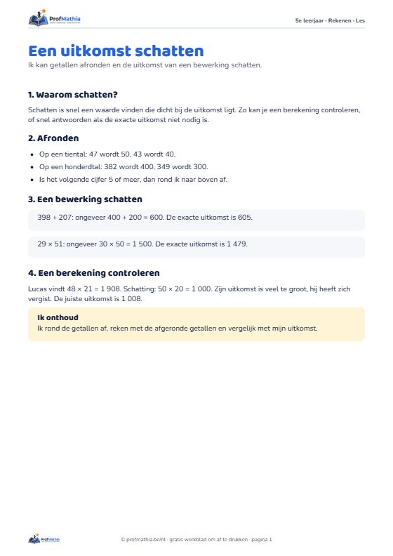 Voorbeeld van het werkblad Een uitkomst schatten – 5e leerjaar
