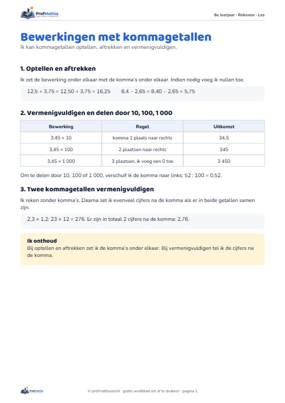 Voorbeeld van het werkblad Bewerkingen met kommagetallen – 6e leerjaar