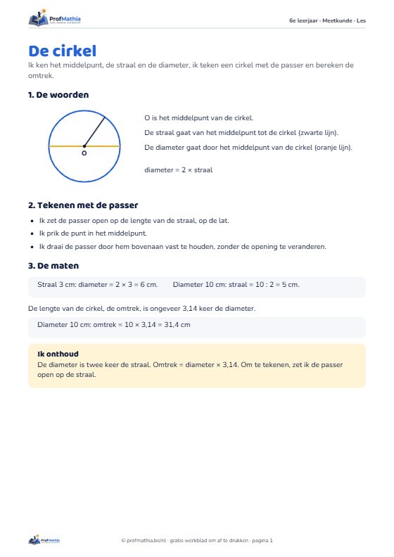 Voorbeeld van het werkblad De cirkel – 6e leerjaar