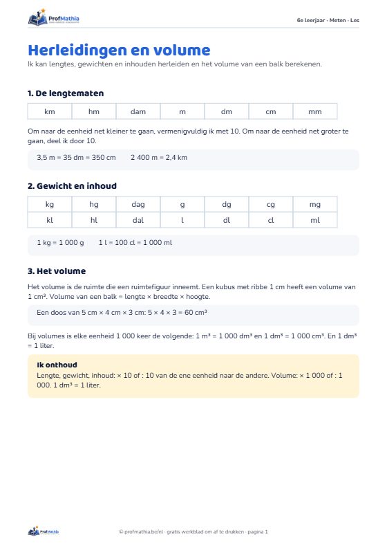 Voorbeeld van het werkblad Herleidingen en volume – 6e leerjaar
