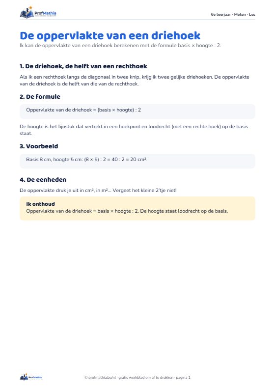 Voorbeeld van het werkblad De oppervlakte van een driehoek – 6e leerjaar