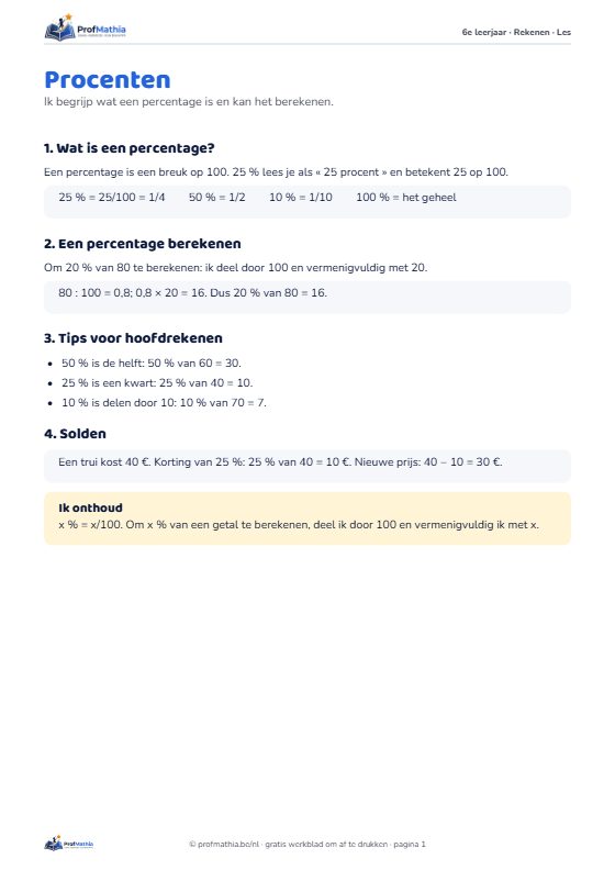 Voorbeeld van het werkblad Procenten – 6e leerjaar