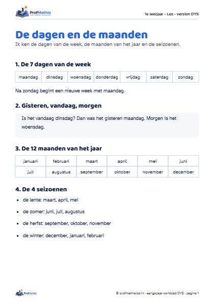 Voorbeeld van het DYS-werkblad De dagen en de maanden