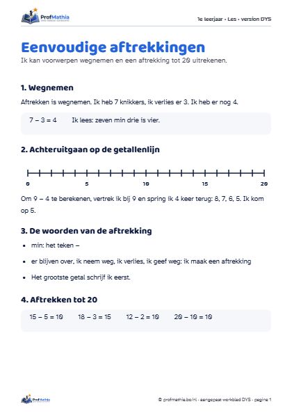 Voorbeeld van het DYS-werkblad Eenvoudige aftrekkingen