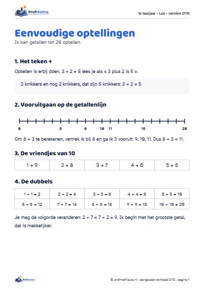 Voorbeeld van het DYS-werkblad Eenvoudige optellingen