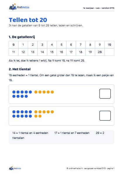 Voorbeeld van het DYS-werkblad Tellen tot 20
