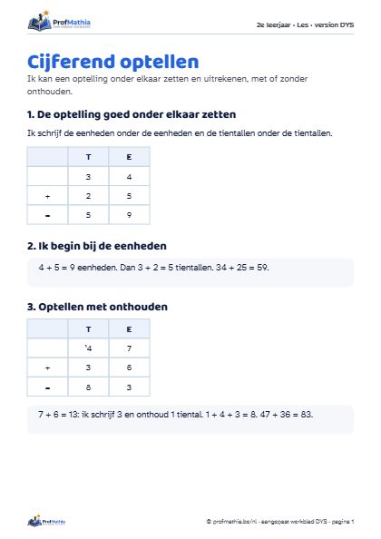 Voorbeeld van het DYS-werkblad Cijferend optellen