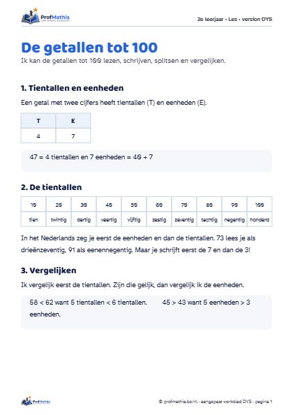 Voorbeeld van het DYS-werkblad De getallen tot 100