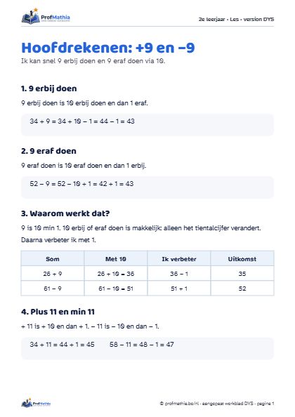 Voorbeeld van het DYS-werkblad Hoofdrekenen