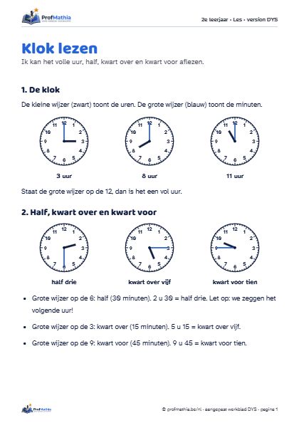 Voorbeeld van het DYS-werkblad Klok lezen