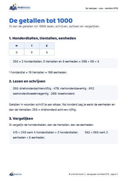 Voorbeeld van het DYS-werkblad De getallen tot 1000