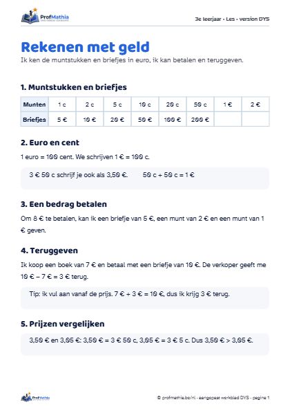 Voorbeeld van het DYS-werkblad Rekenen met geld