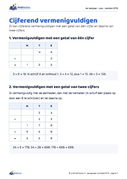 Voorbeeld van het DYS-werkblad Cijferend vermenigvuldigen