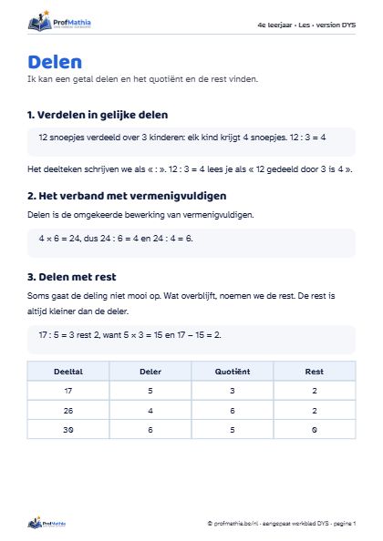 Voorbeeld van het DYS-werkblad Delen