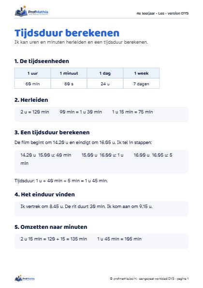 Voorbeeld van het DYS-werkblad Tijdsduur berekenen