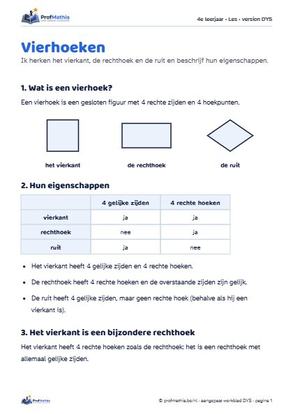 Voorbeeld van het DYS-werkblad Vierhoeken