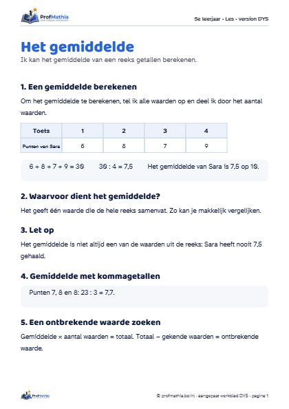 Voorbeeld van het DYS-werkblad Het gemiddelde