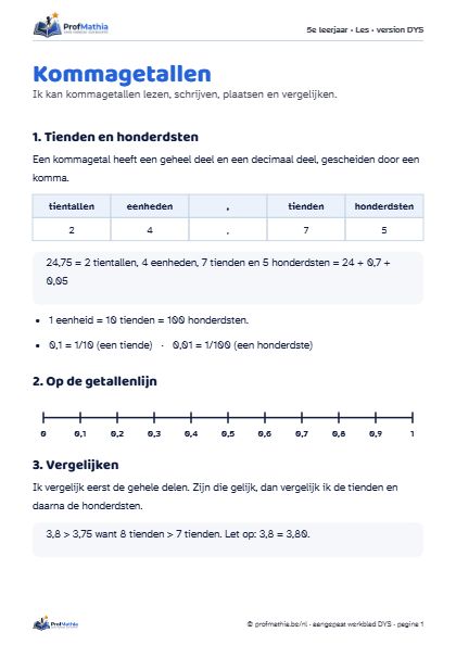 Voorbeeld van het DYS-werkblad Kommagetallen