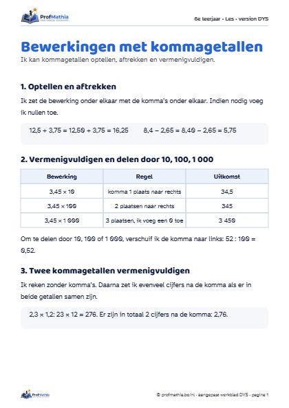 Voorbeeld van het DYS-werkblad Bewerkingen met kommagetallen
