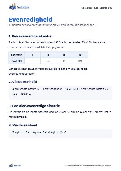 Voorbeeld van het DYS-werkblad Evenredigheid