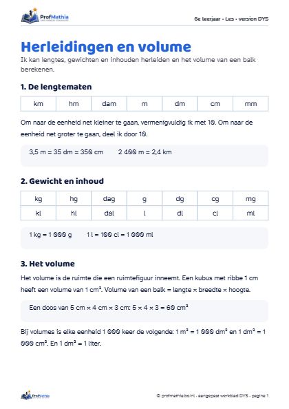Voorbeeld van het DYS-werkblad Herleidingen en volume
