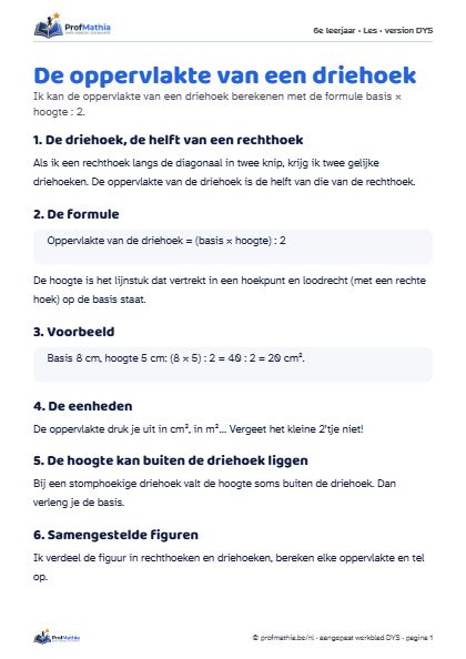 Voorbeeld van het DYS-werkblad De oppervlakte van een driehoek