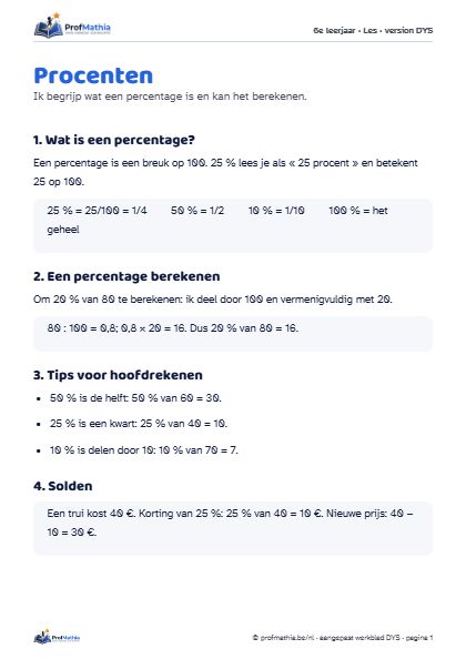 Voorbeeld van het DYS-werkblad Procenten